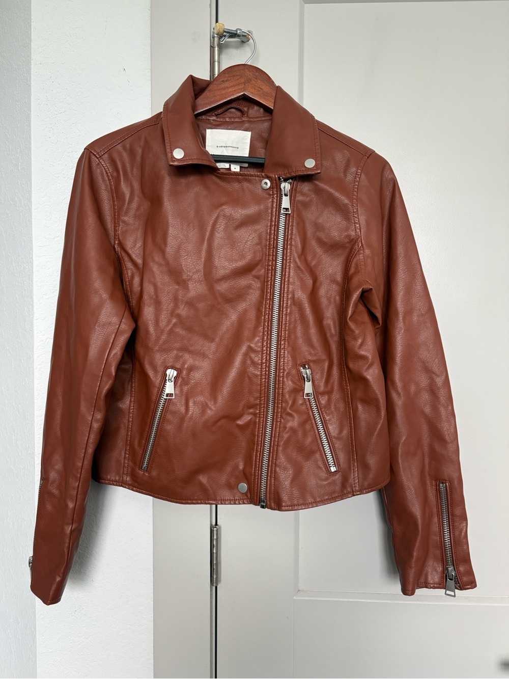 ANTHROPOLOGIE BROWN FAUX LEATHER MOTO JACKET ZIP FRONT BIKER JACKET WOMEN MEDIUM